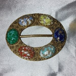 Brass 6 stone center bar belt buckle